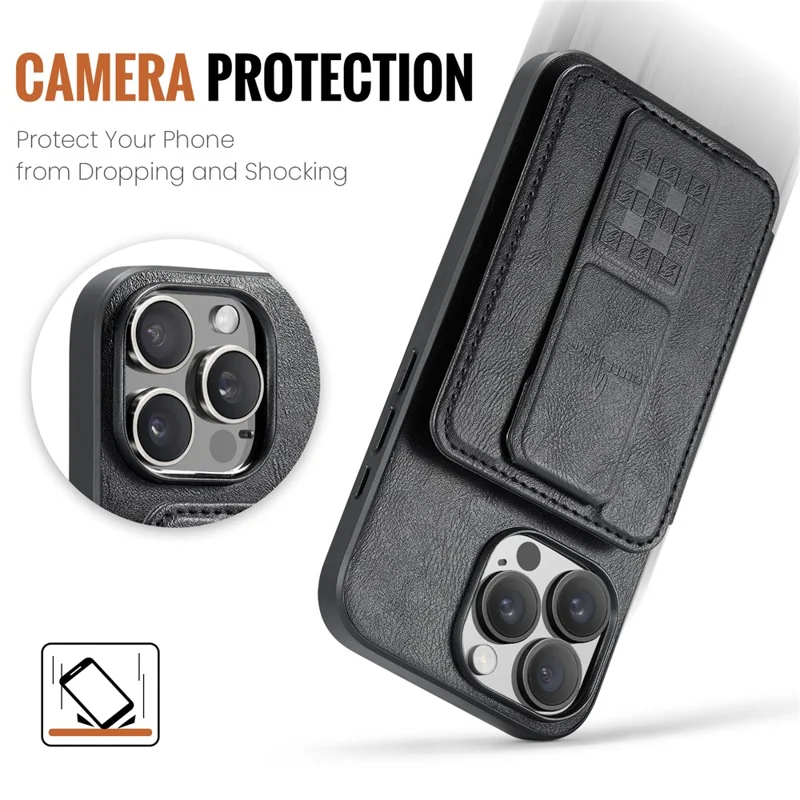 Fierre Shann Pour Iphone 16 Pro Max Case Carte Holder Kickstand Texture Cuir Cuir + Tpu Tpu Couverture - Noir