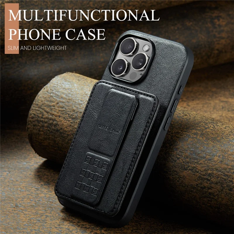 FIERRE SHANN 024 For iPhone 16 Pro Case Card Holder Kickstand Waxy Texture Leather+TPU Phone Cover - Black