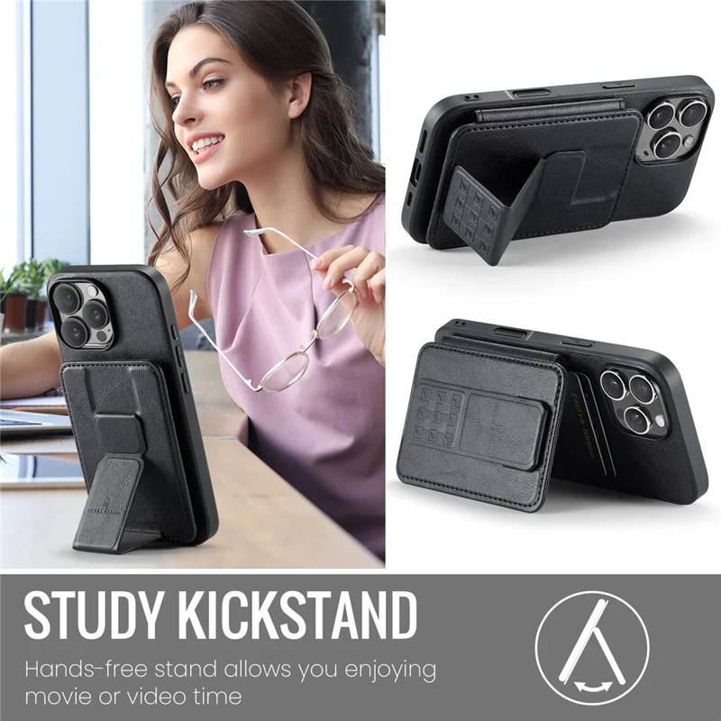 FIERRE SHANN 024 For iPhone 16 Pro Case Card Holder Kickstand Waxy Texture Leather+TPU Phone Cover - Black