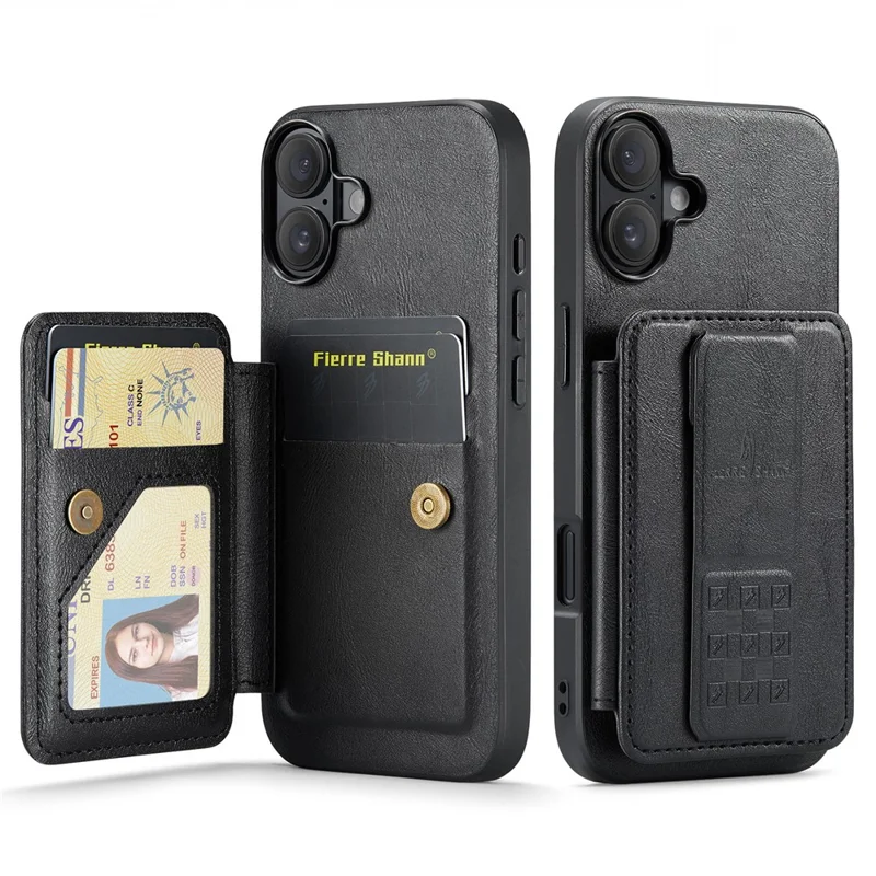 FIERRE SHANN 024 For iPhone 16 Case Card Holder Kickstand Waxy Texture Leather+TPU Phone Cover - Black