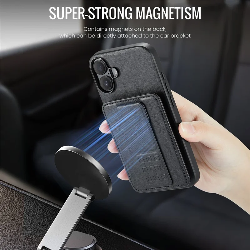 FIERRE SHANN 024 For iPhone 16 Case Card Holder Kickstand Waxy Texture Leather+TPU Phone Cover - Black