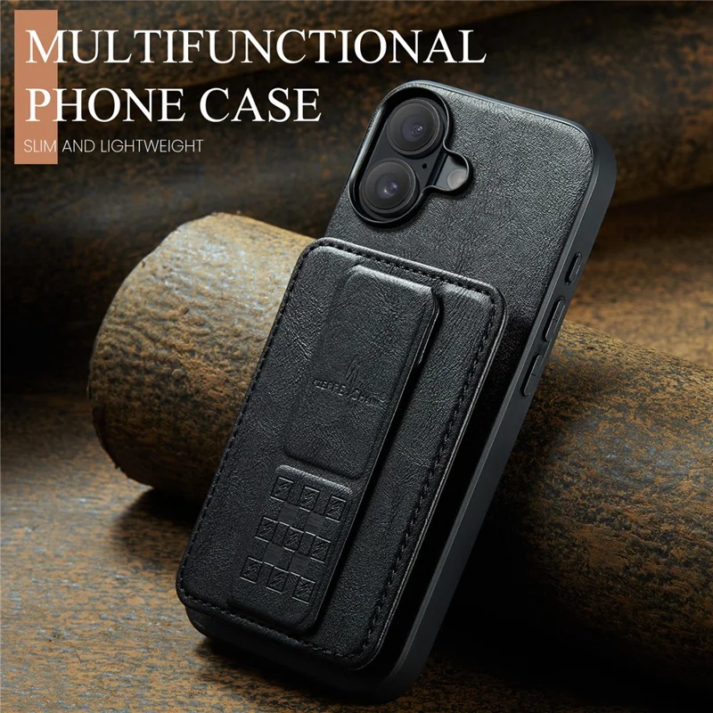 FIERRE SHANN 024 For iPhone 16 Case Card Holder Kickstand Waxy Texture Leather+TPU Phone Cover - Black