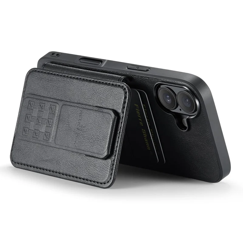 FIERRE SHANN 024 For iPhone 16 Case Card Holder Kickstand Waxy Texture Leather+TPU Phone Cover - Black