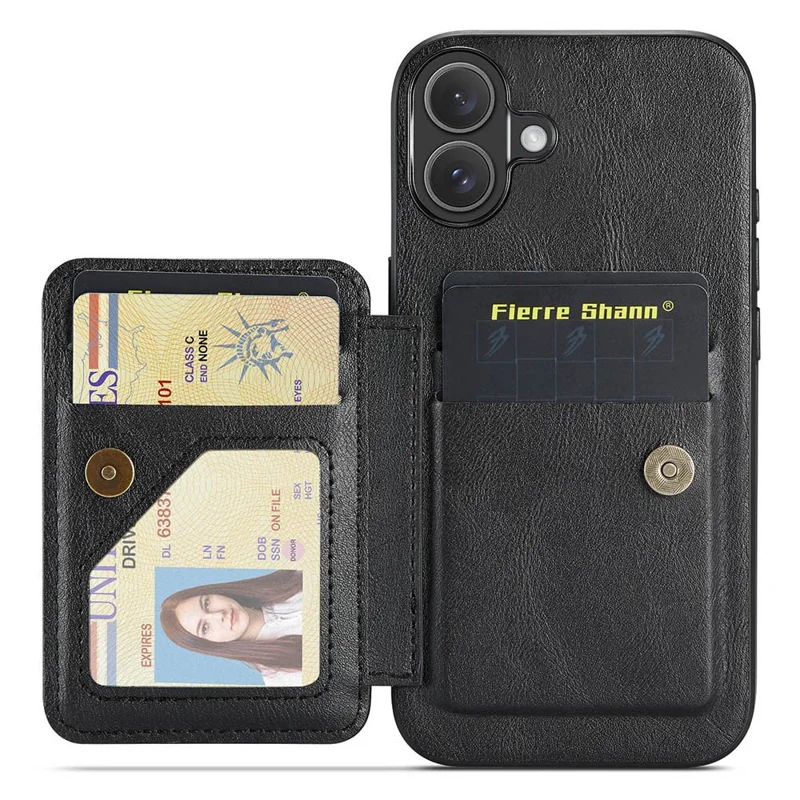 FIERRE SHANN 024 For iPhone 16 Case Card Holder Kickstand Waxy Texture Leather+TPU Phone Cover - Black