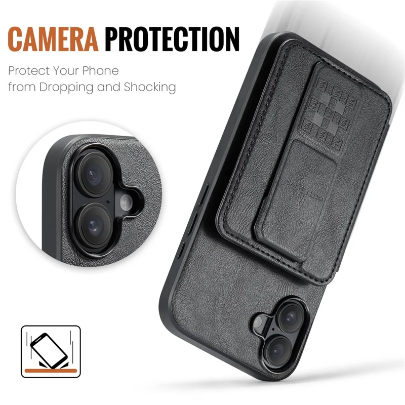 FIERRE SHANN 024 For iPhone 16 Case Card Holder Kickstand Waxy Texture Leather+TPU Phone Cover - Black