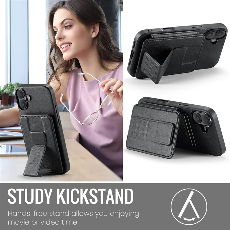 FIERRE SHANN 024 For iPhone 16 Case Card Holder Kickstand Waxy Texture Leather+TPU Phone Cover - Black