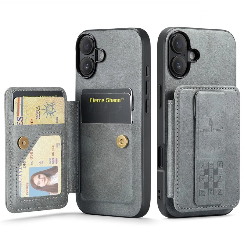 FIERRE SHANN 024 For iPhone 16 Case Card Holder Kickstand Waxy Texture Leather+TPU Phone Cover - Grey