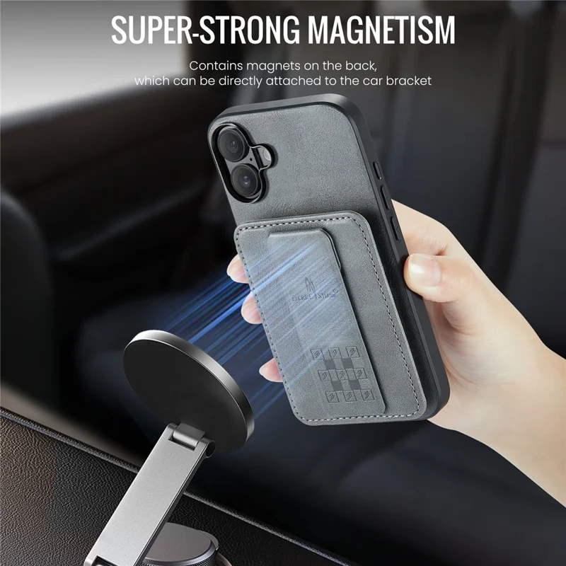 FIERRE SHANN 024 For iPhone 16 Case Card Holder Kickstand Waxy Texture Leather+TPU Phone Cover - Grey