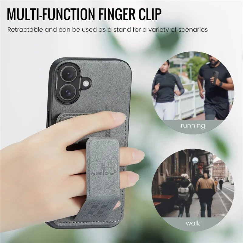 FIERRE SHANN 024 For iPhone 16 Case Card Holder Kickstand Waxy Texture Leather+TPU Phone Cover - Grey
