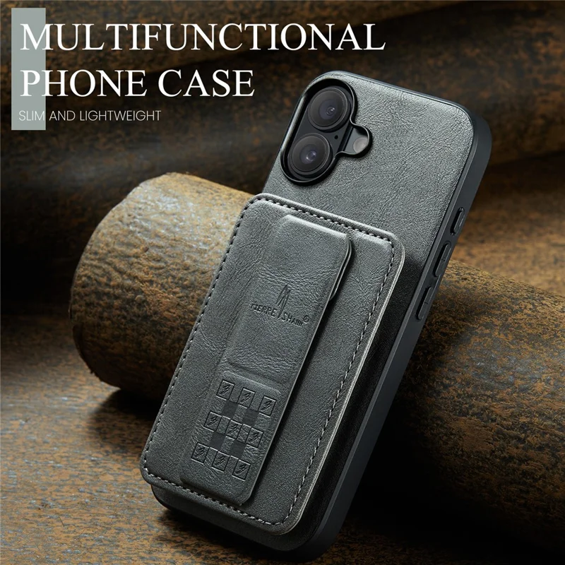 FIERRE SHANN 024 For iPhone 16 Case Card Holder Kickstand Waxy Texture Leather+TPU Phone Cover - Grey