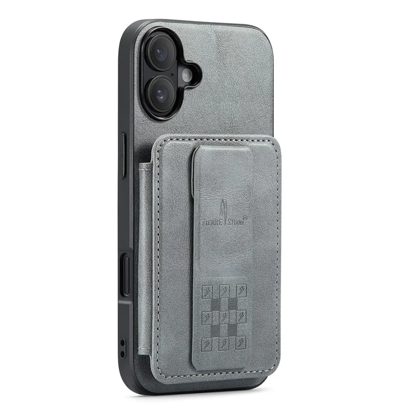 FIERRE SHANN 024 For iPhone 16 Case Card Holder Kickstand Waxy Texture Leather+TPU Phone Cover - Grey