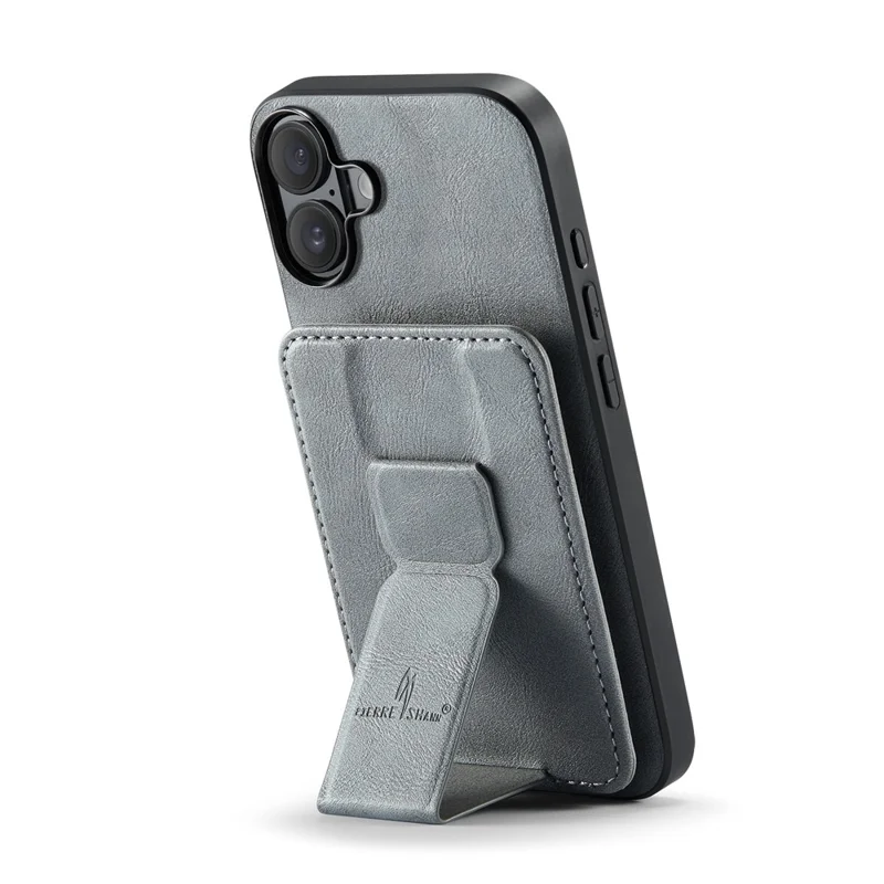 FIERRE SHANN 024 For iPhone 16 Case Card Holder Kickstand Waxy Texture Leather+TPU Phone Cover - Grey