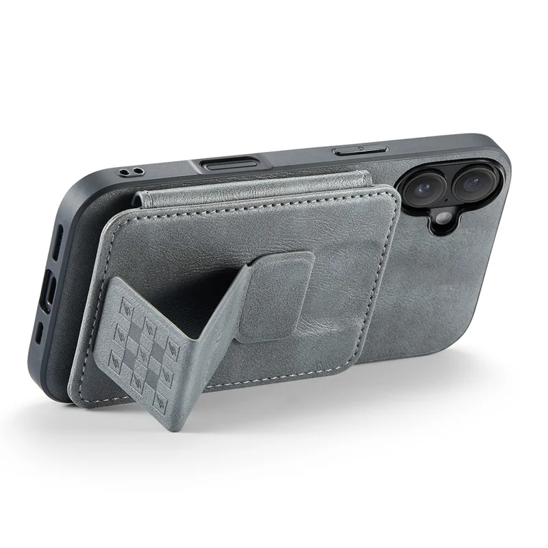 FIERRE SHANN 024 For iPhone 16 Case Card Holder Kickstand Waxy Texture Leather+TPU Phone Cover - Grey