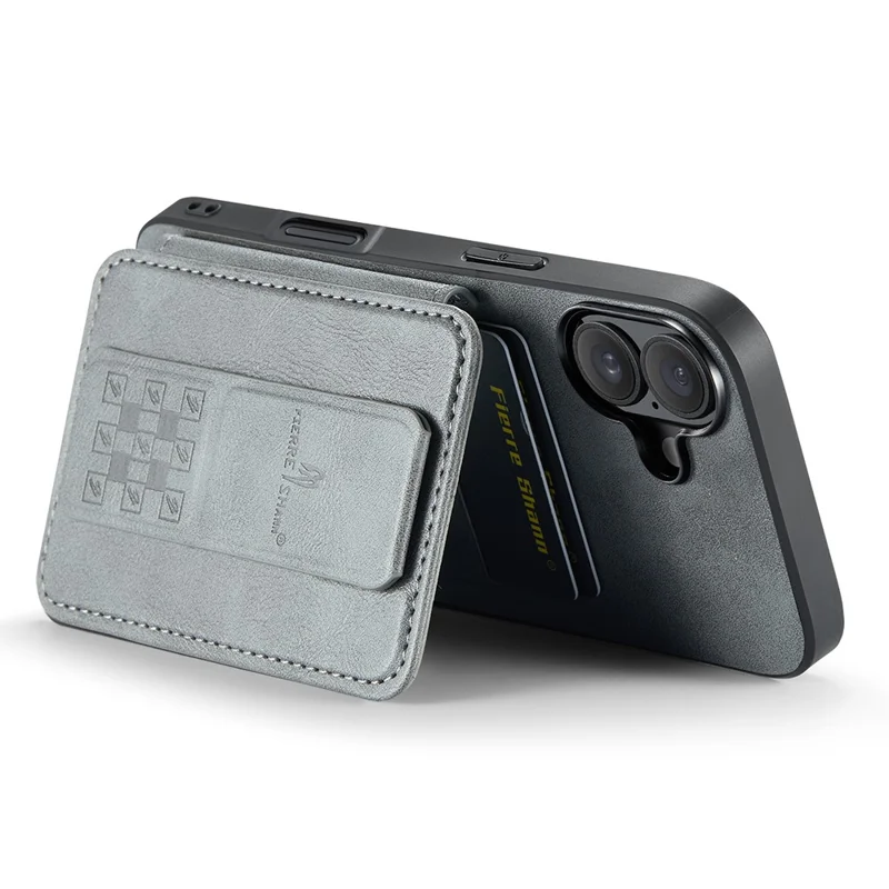 FIERRE SHANN 024 For iPhone 16 Case Card Holder Kickstand Waxy Texture Leather+TPU Phone Cover - Grey