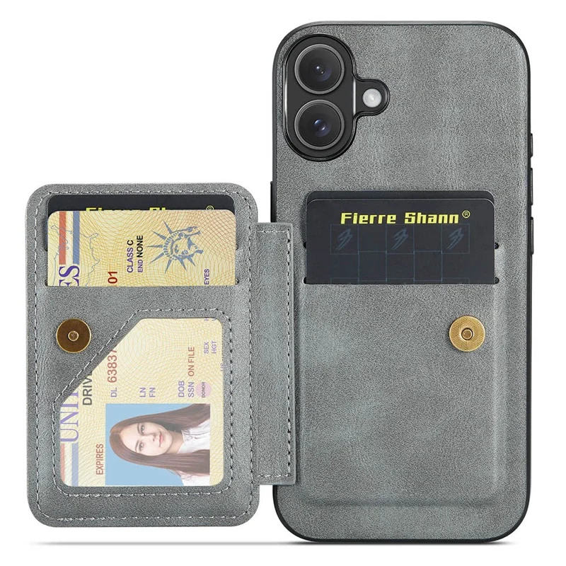 FIERRE SHANN 024 For iPhone 16 Case Card Holder Kickstand Waxy Texture Leather+TPU Phone Cover - Grey
