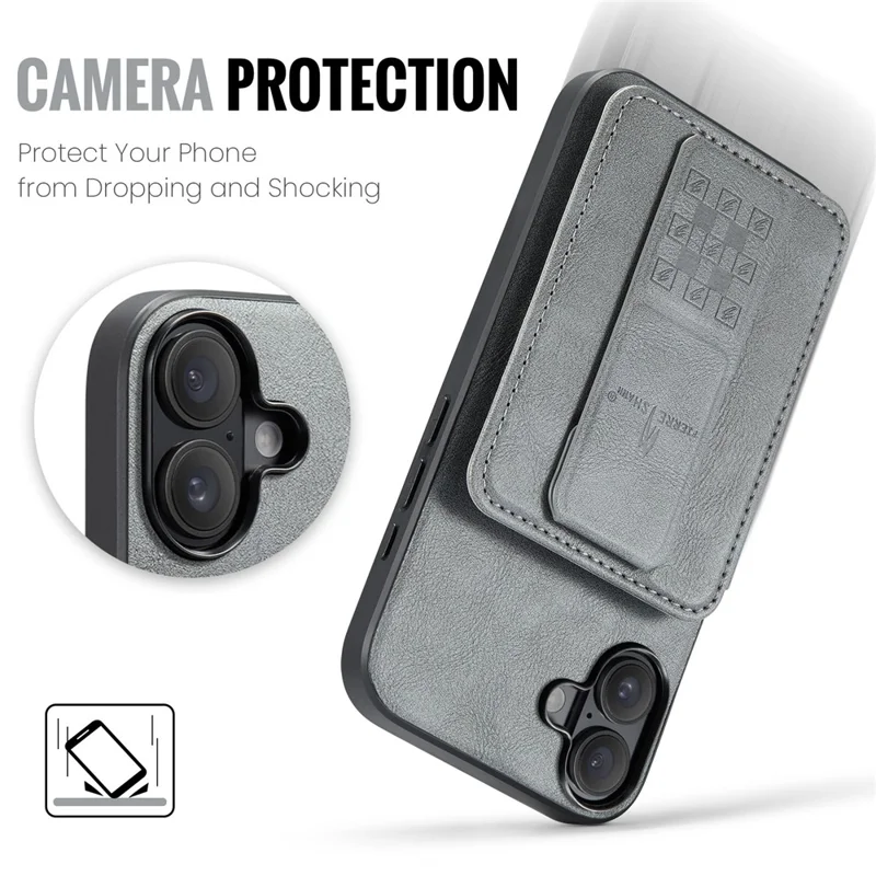 FIERRE SHANN 024 For iPhone 16 Case Card Holder Kickstand Waxy Texture Leather+TPU Phone Cover - Grey