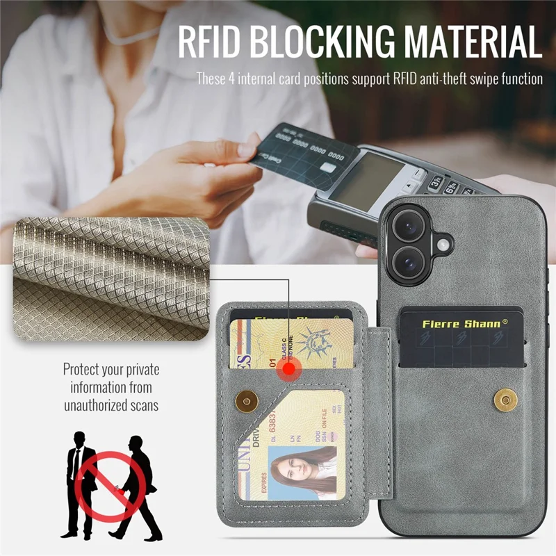 FIERRE SHANN 024 For iPhone 16 Case Card Holder Kickstand Waxy Texture Leather+TPU Phone Cover - Grey