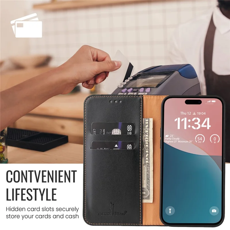 Fierre Shann Para Iphone 16 Pro Max Case PU Couro Flip Stand Phone Tampo - Preto
