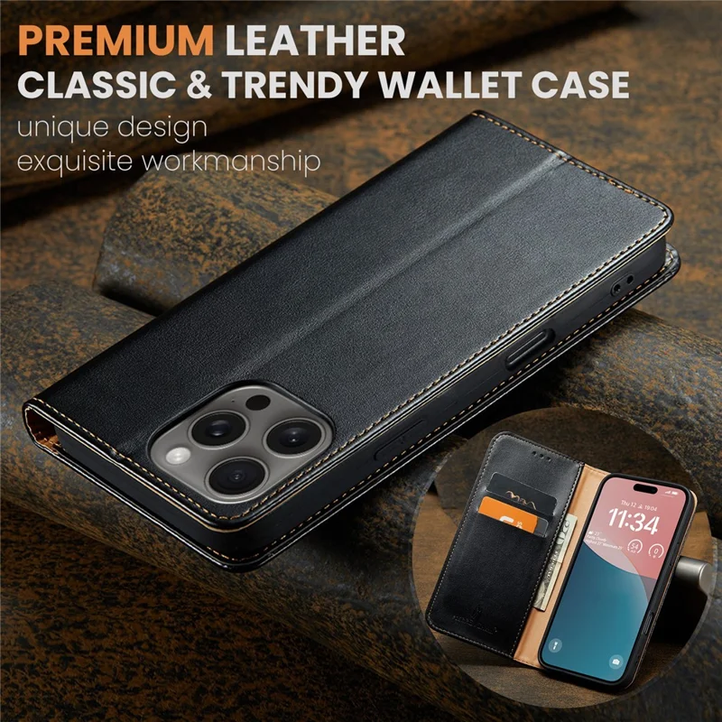Fierre Shann Para Iphone 16 Pro Max Case PU Couro Flip Stand Phone Tampo - Preto