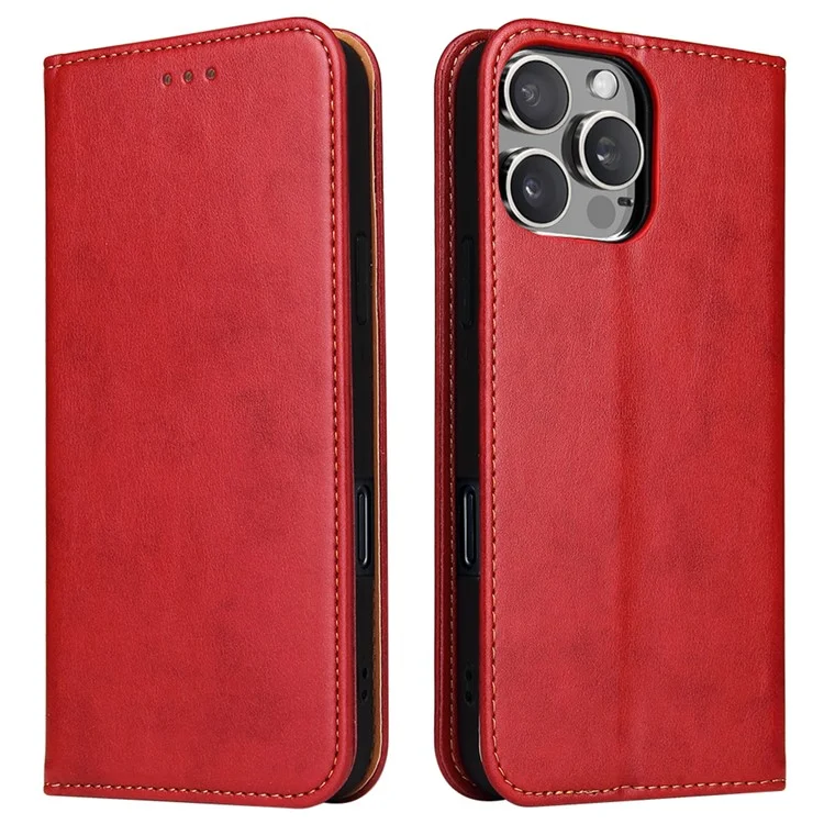 FIERRE SHANN For iPhone 16 Pro Max Case PU Leather Flip Stand Wallet Phone Cover - Red