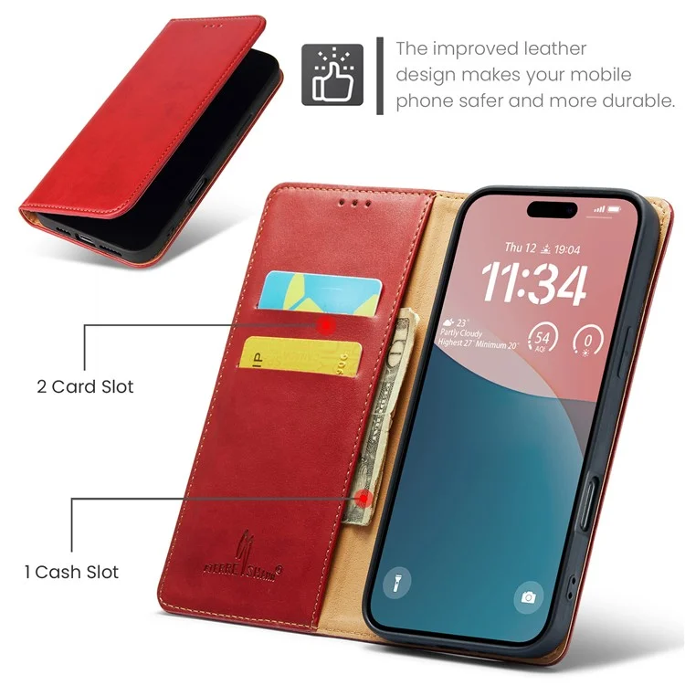 FIERRE SHANN For iPhone 16 Pro Max Case PU Leather Flip Stand Wallet Phone Cover - Red