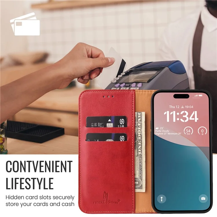 FIERRE SHANN For iPhone 16 Pro Max Case PU Leather Flip Stand Wallet Phone Cover - Red