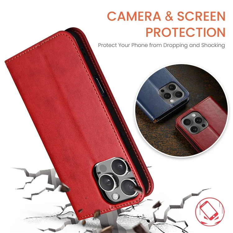 FIERRE SHANN For iPhone 16 Pro Max Case PU Leather Flip Stand Wallet Phone Cover - Red