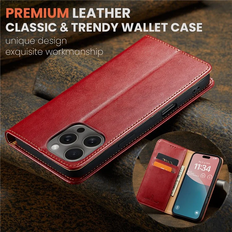 FIERRE SHANN For iPhone 16 Pro Max Case PU Leather Flip Stand Wallet Phone Cover - Red