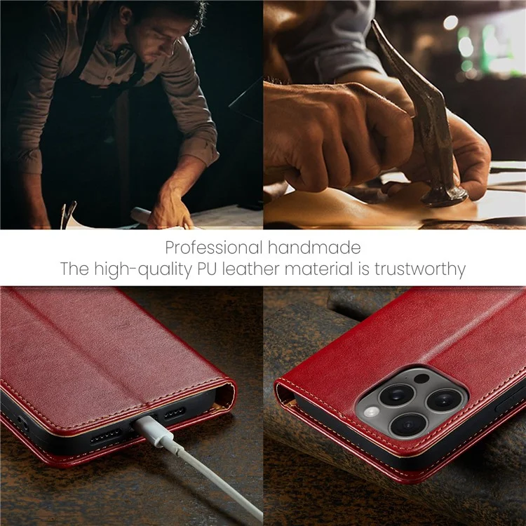 FIERRE SHANN For iPhone 16 Pro Max Case PU Leather Flip Stand Wallet Phone Cover - Red