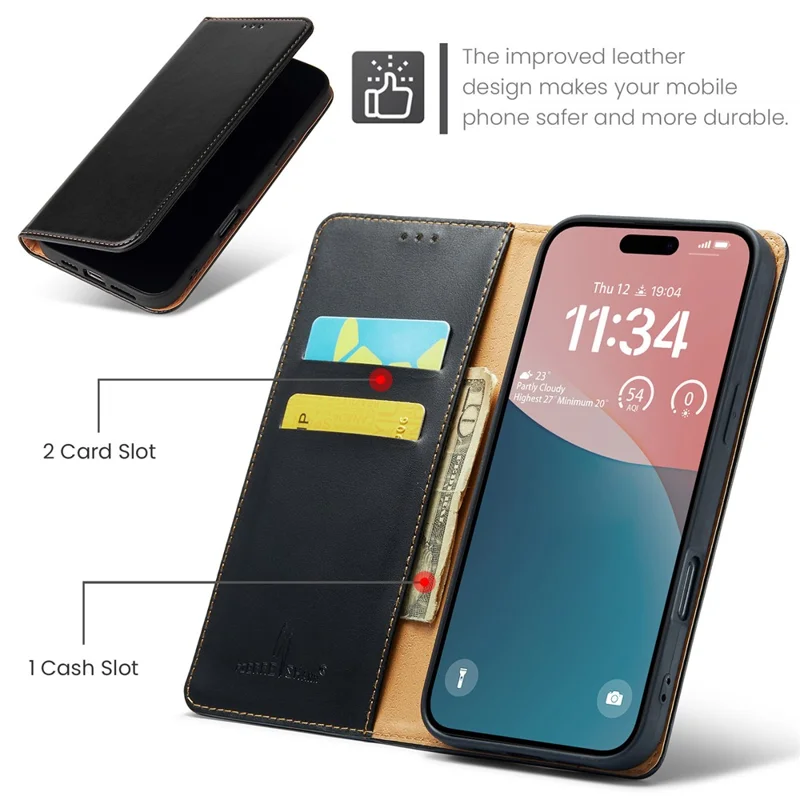 Fierre Shann Per Iphone 16 Case PU Leather Flip Stand Wallet Cover - Nero