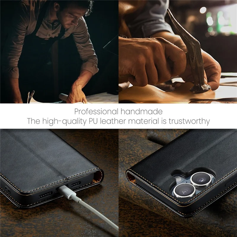Fierre Shann Per Iphone 16 Case PU Leather Flip Stand Wallet Cover - Nero