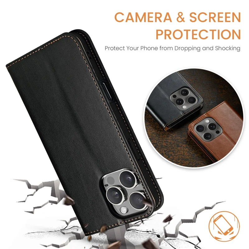 Fierre Shann Für Iphone 16 Pro Case PU Leder Flip Ständer Brieftasche Telefonabdeckung - Schwarz