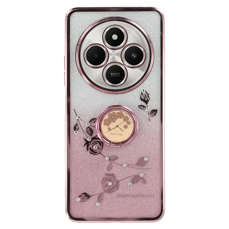 KADEM Para Xiaomi Poco C75 4G / Redmi 14R 5G / 14C 4G Capa com Anel Suporte TPU Flores Capa de Telefone Gradiente Brilhante - Rose Gold