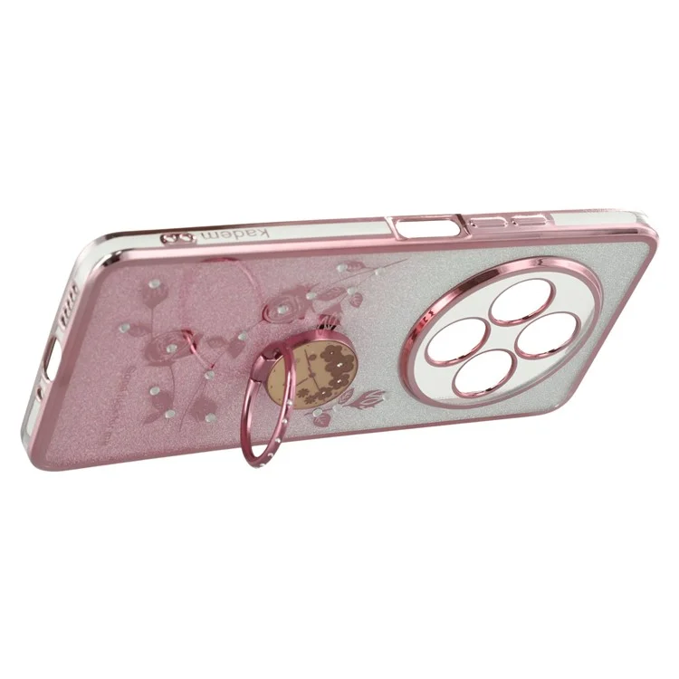 KADEM Para Xiaomi Poco C75 4G / Redmi 14R 5G / 14C 4G Capa com Anel Suporte TPU Flores Capa de Telefone Gradiente Brilhante - Rose Gold