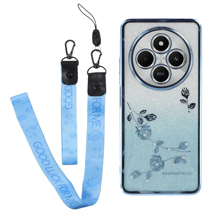 KADEM Para Xiaomi Poco C75 4G / Redmi 14R 5G / 14C 4G Capa Padrão de Flores TPU Gradiente Capa de Telefone com Cordões - Azul