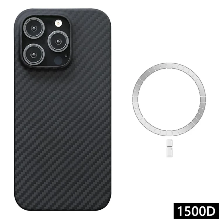 Para Iphone 16 Pro Max Magnetic Case 1500D Textura Grossa Aramid Fiber Top Tampo (Big Lens Hole) - Preto