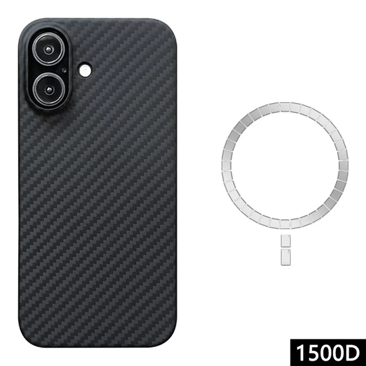 Para Iphone 16 Magnetic Case 1500D Textura Gruesa Cubierta de Teléfono de Fibra Aramid (orificio de Lente Grande) - Negro