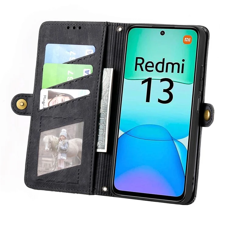 Para Xiaomi Redmi 13 5G / Case 4G Zipper Billetera Geometry Lines Cover Phone de Cuero - Negro