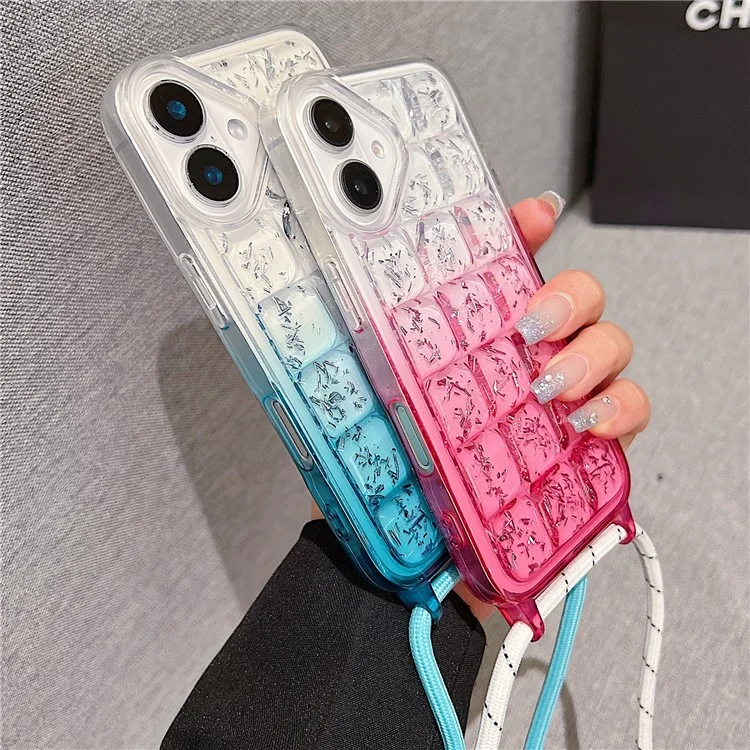 Для Iphone 16 Case Gradient Epoxy TPU Soft Phone Cope с Длинным Lanyard - Роза