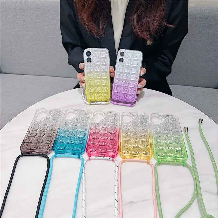 Для Iphone 16 Case Gradient Epoxy TPU Soft Phone Cope с Длинным Lanyard - Роза