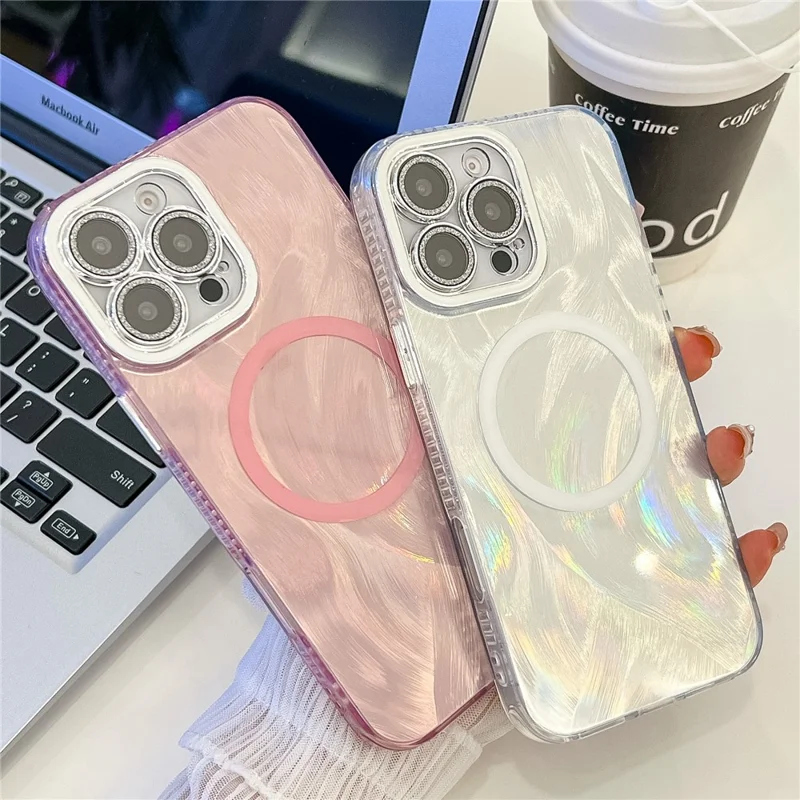 Per Iphone 16 Pro Max Case Compatibile Con MagSafe IMD Design Pc+copertura Telefonica Tpu Con Pellicola di Lenti in Vetro - Pattern di Filati di Piume / Rosa