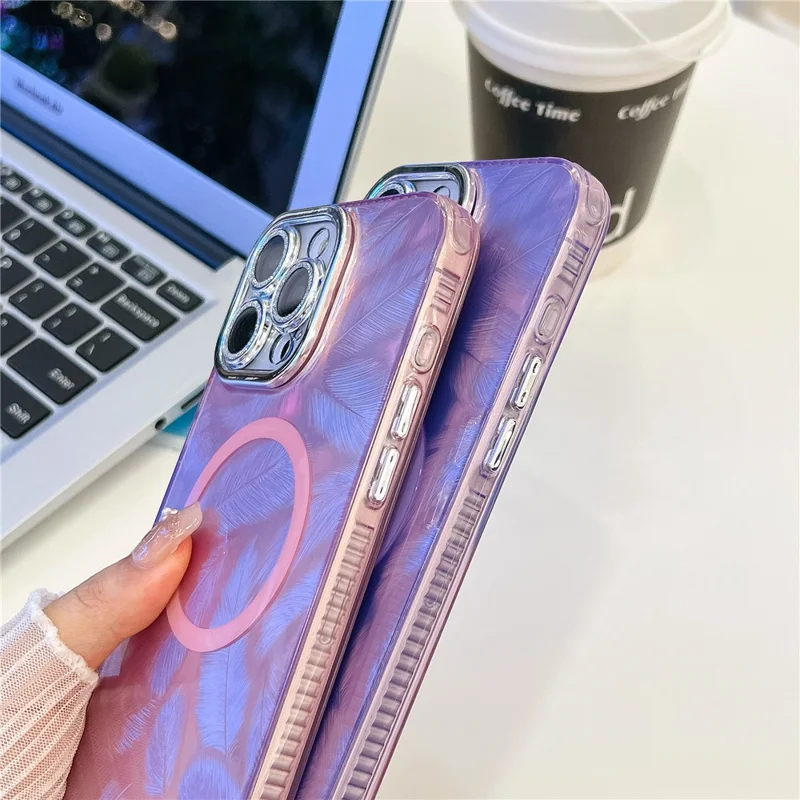 Per Iphone 16 Pro Max Case Compatibile Con MagSafe IMD Design Pc+copertura Telefonica Tpu Con Pellicola di Lenti in Vetro - Pattern di Filati di Piume / Rosa