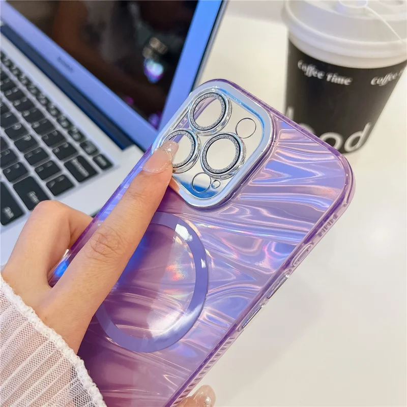 Pour Iphone 16 Pro Max Case Compatible Avec Magsafe IMD Design pc + Tpu Téléphone Couverture Avec Film D'objectif en Verre - Motif D'ondulation / Violet