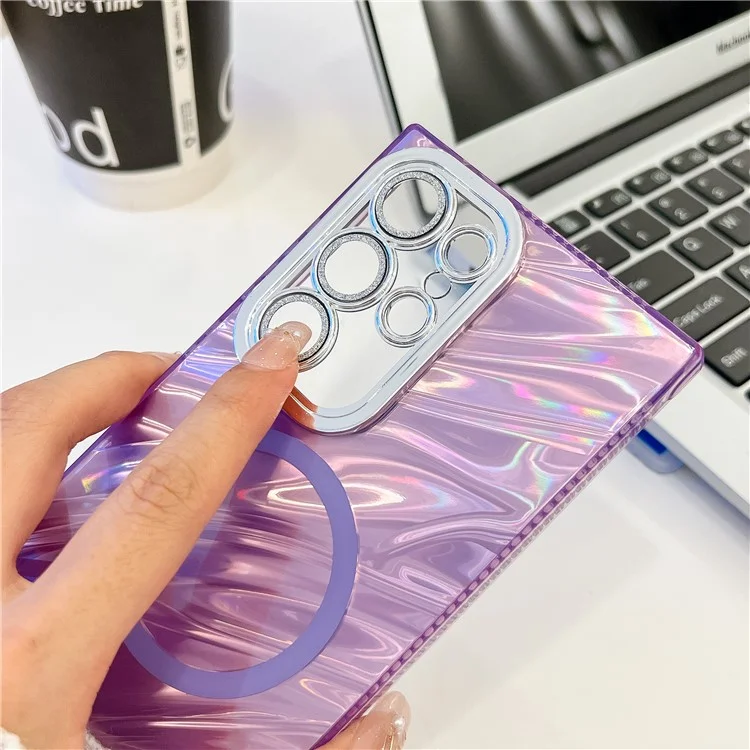 Para Samsung Galaxy S24 Ultra Case Compatible Con Magsafe IMD Design PC+TPU Telephip Cover With Glass Lens Film - Patrón de Ondulación / Púrpura