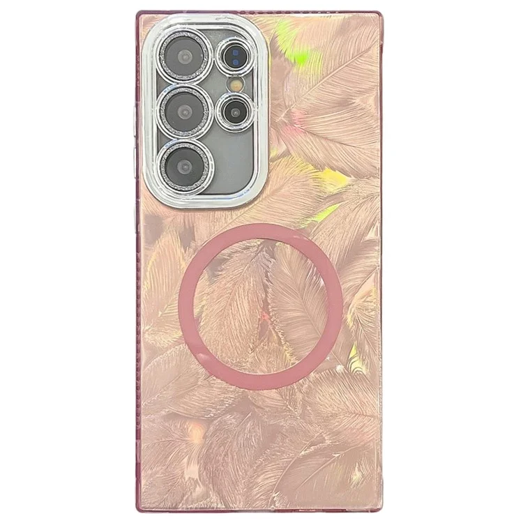 Pour Samsung Galaxy S24 Ultra Case Compatible Avec Magsafe IMD Design pc + Tpu Téléphone Téléphone Avec Film D'objectif en Verre - Motif de Plumes / Rose