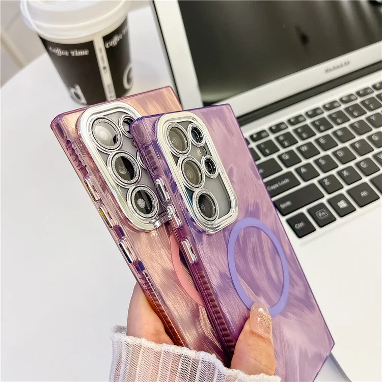 Pour Samsung Galaxy S24 Ultra Case Compatible Avec Magsafe IMD Design pc + Tpu Téléphone Téléphone Avec Film D'objectif en Verre - Motif de Plumes / Rose