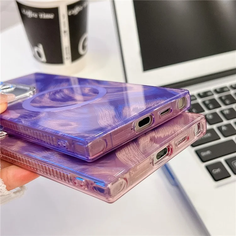 Pour Samsung Galaxy S24 Ultra Case Compatible Avec Magsafe IMD Design pc + Tpu Téléphone Téléphone Avec Film D'objectif en Verre - Motif de Plumes / Rose