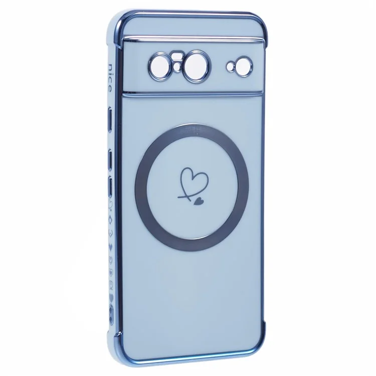 For Google Pixel 8 Case Compatible with MagSafe Electroplated TPU Phone Cover Hollow Love Hearts - Blue