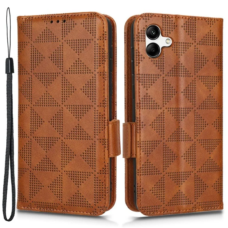 For Samsung Galaxy A04 4G (164.4 x 76.3 x 9.1 mm) Wallet Phone Case Triangle Pattern Imprinted Shockproof Case Anti-Fall PU Leather Stand Cover with Strap - Brown