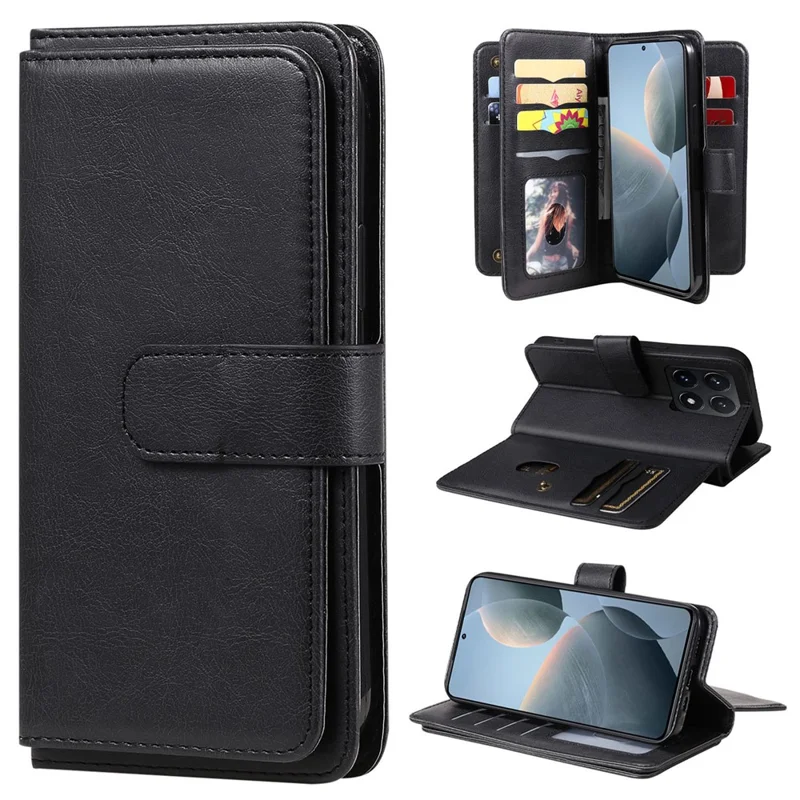 For Xiaomi 14T Leather Case with 10 Card Holder Phone Cover Stand - Black